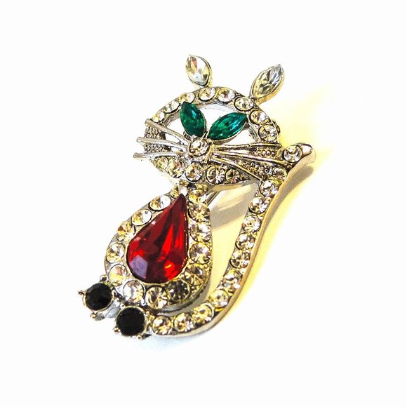 KITTY CAT PIN, ALL OVER CRYSTALS WITH GREEN EYE AN - Picture 5 of 6